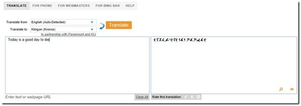 Bing Translator Klingon