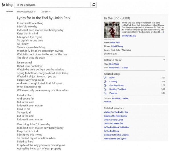Bing Lyrics experience