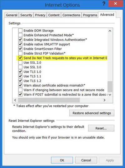 do not track internet explorer