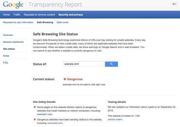 Google Site Status section