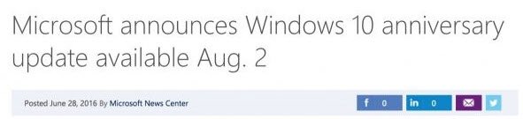 Windows 10 Anniversary Update release date