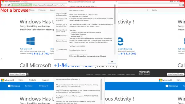 Sophisticated Tech Support scam displays a fake web browser & dialog box