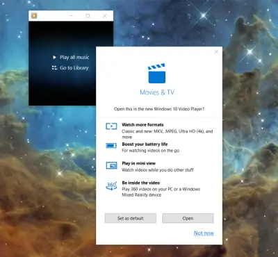 Windows 10 suggests you move away from WMP to the Movies & TV app