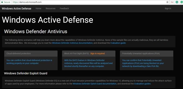 Test Windows Defender features online
