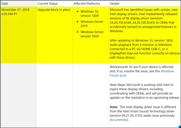 Microsoft blocks Windows 10 v1809 Upgrade on some Intel PCs