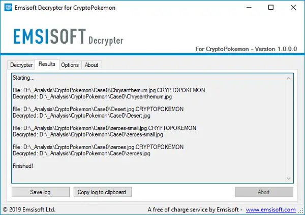 Emisisoft decryptor for Cryptopokemon