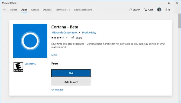 A standalone Cortana app for Windows 10 spotted on the Microsoft Store