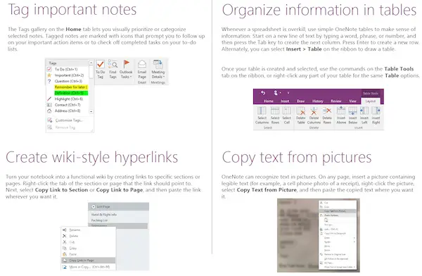 OneNote Help Charts