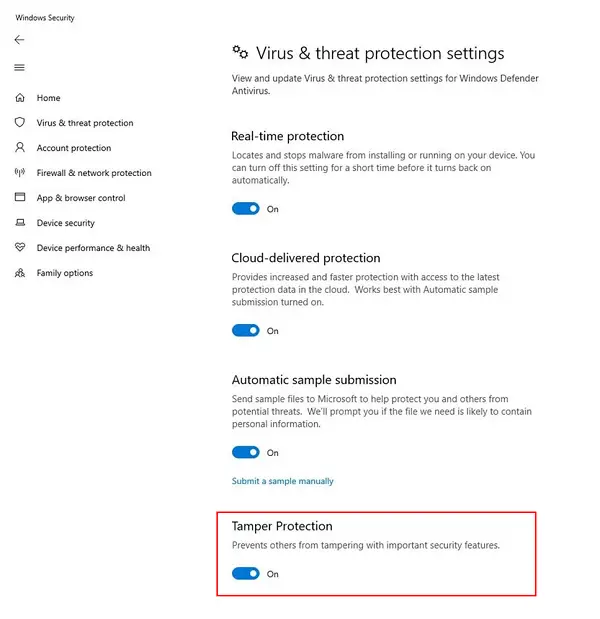 Enable Tamper Protection Windows 10