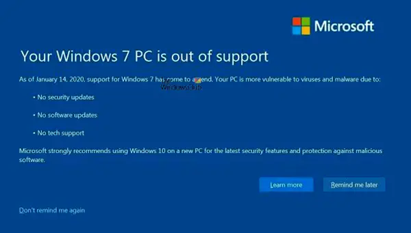 Windows 7 End of Support Notification