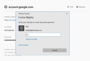 Firefox will ask for Windows 10 password to show stored passwords