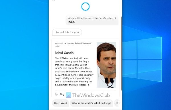 Microsoft Cortana says Rahul Gandhi will be India's next Prime Minister