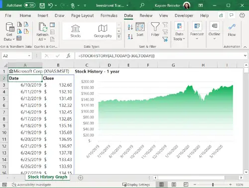 Microsoft Excel STOCKHISTORY