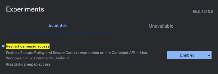 Google Chrome restrict gamepad access