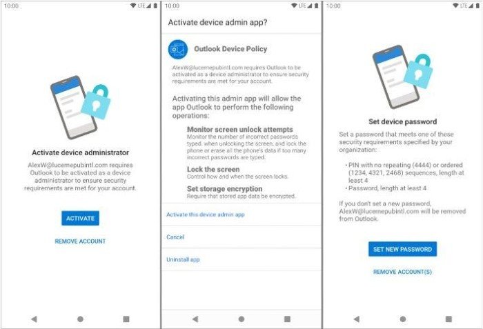 Outlook for Android 10 Password Complexity