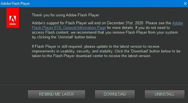 adobe shows uninstall flash player