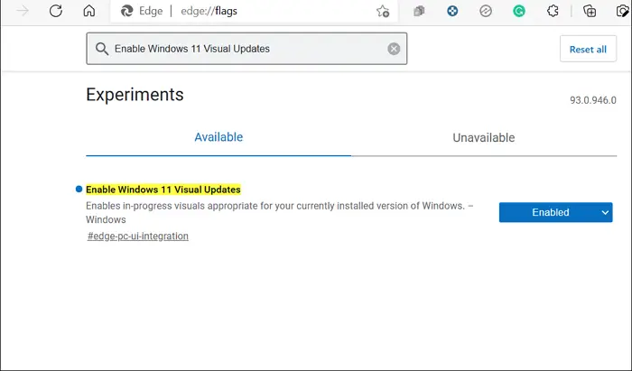 Enable Windows 11 Visual Updates Edge Canary