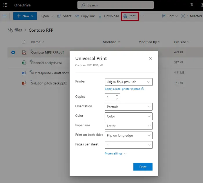 Universal Print integration with OneDrive