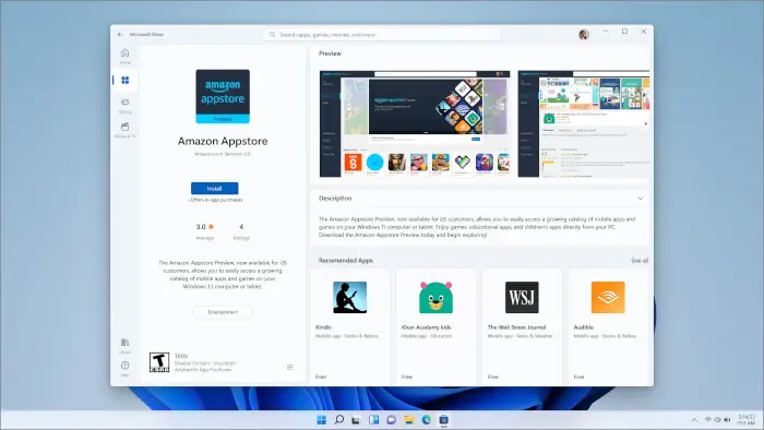 System requirements to install Amazon Appstore on Windows 11