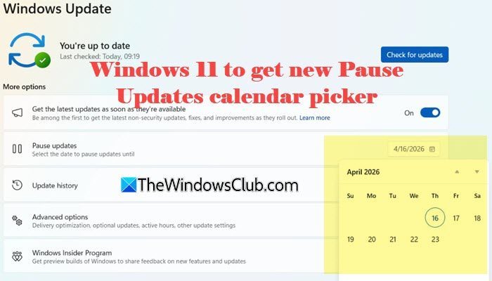 Windows Update to get new Pause Updates calendar picker