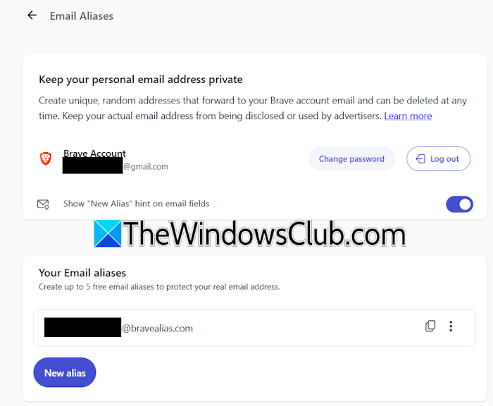 Create email alias in Brave
